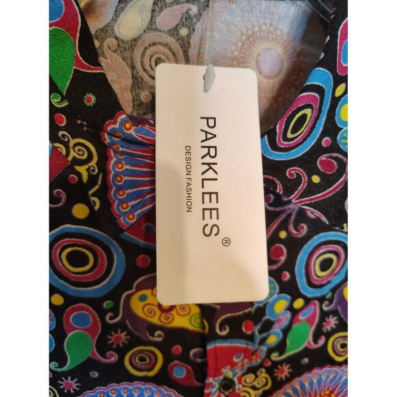 NWT Parklees XL Retro Circle Abstract Print Shirt, Button, Cotton Linen Blend - Picture 3 of 6